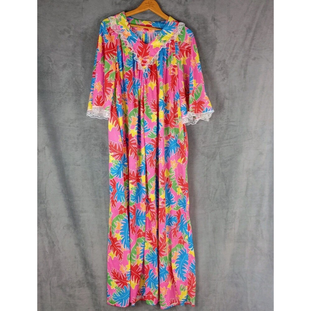 Handmade Nylon Poly Nightgown House Dress Pockets Lace Trim Bright Colorful‎